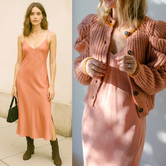 NEW! Anine Bing XS Silky Bay Slip Dress Midi Sexy 90's Style Rose Pink VNeck 0 2 - Picture 1 of 16